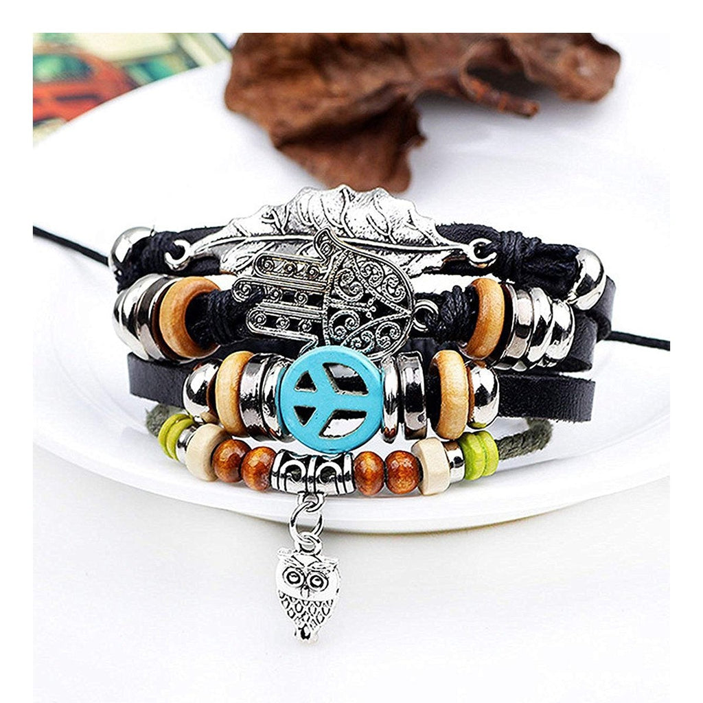 Black Leather Hamsa Peace Charm Wrist Band Multi Strand Bracelet Bulk