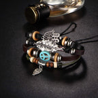 Black Leather Hamsa Peace Charm Wrist Band Multi Strand Bracelet Bulk