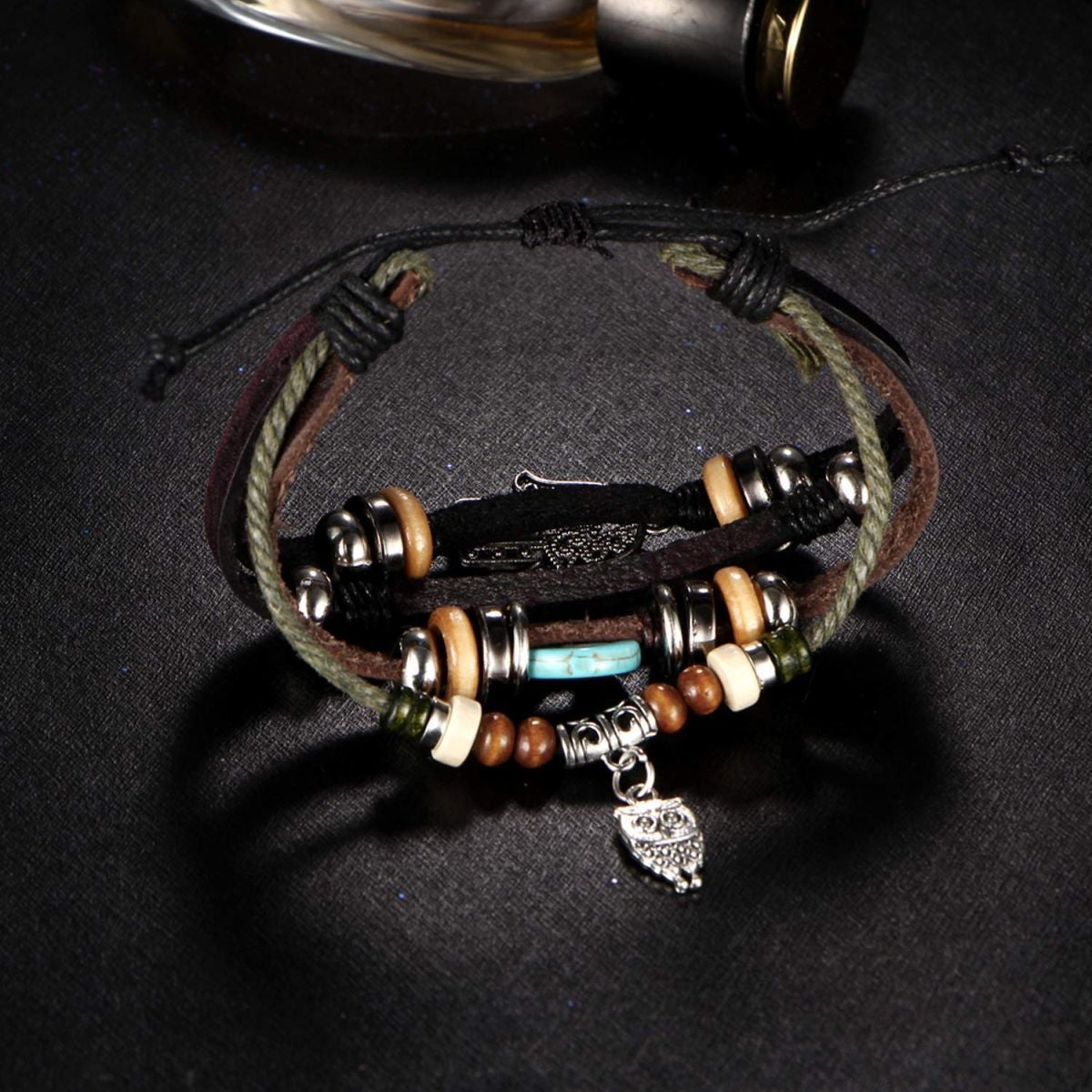 Black Leather Hamsa Peace Charm Wrist Band Multi Strand Bracelet Bulk
