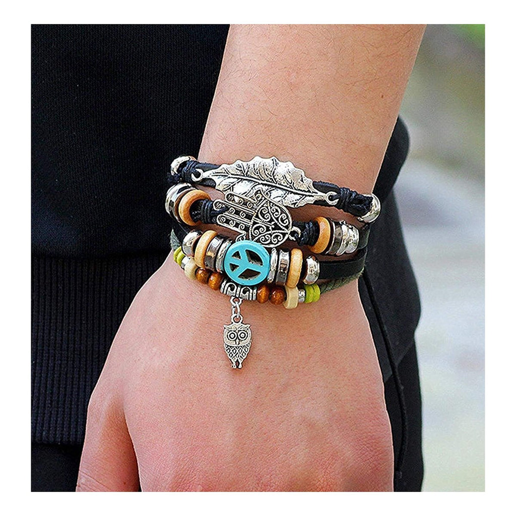 Black Leather Hamsa Peace Charm Wrist Band Multi Strand Bracelet Bulk