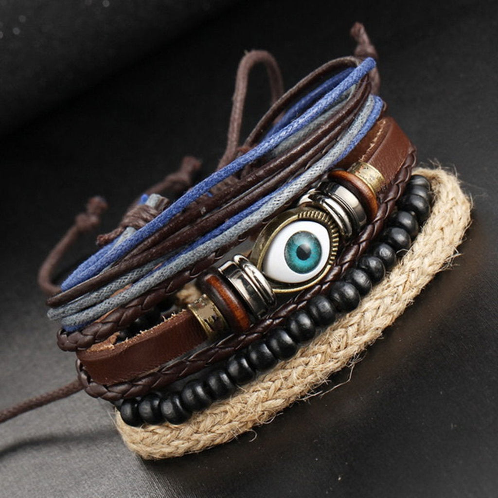 Eyes Layer Black Leather Charm Wrist Band Multi Strand Bracelet Bulk