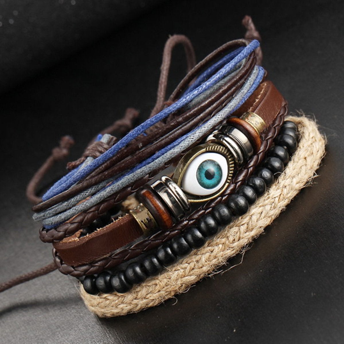 Eyes Layer Black Leather Charm Wrist Band Multi Strand Bracelet Bulk