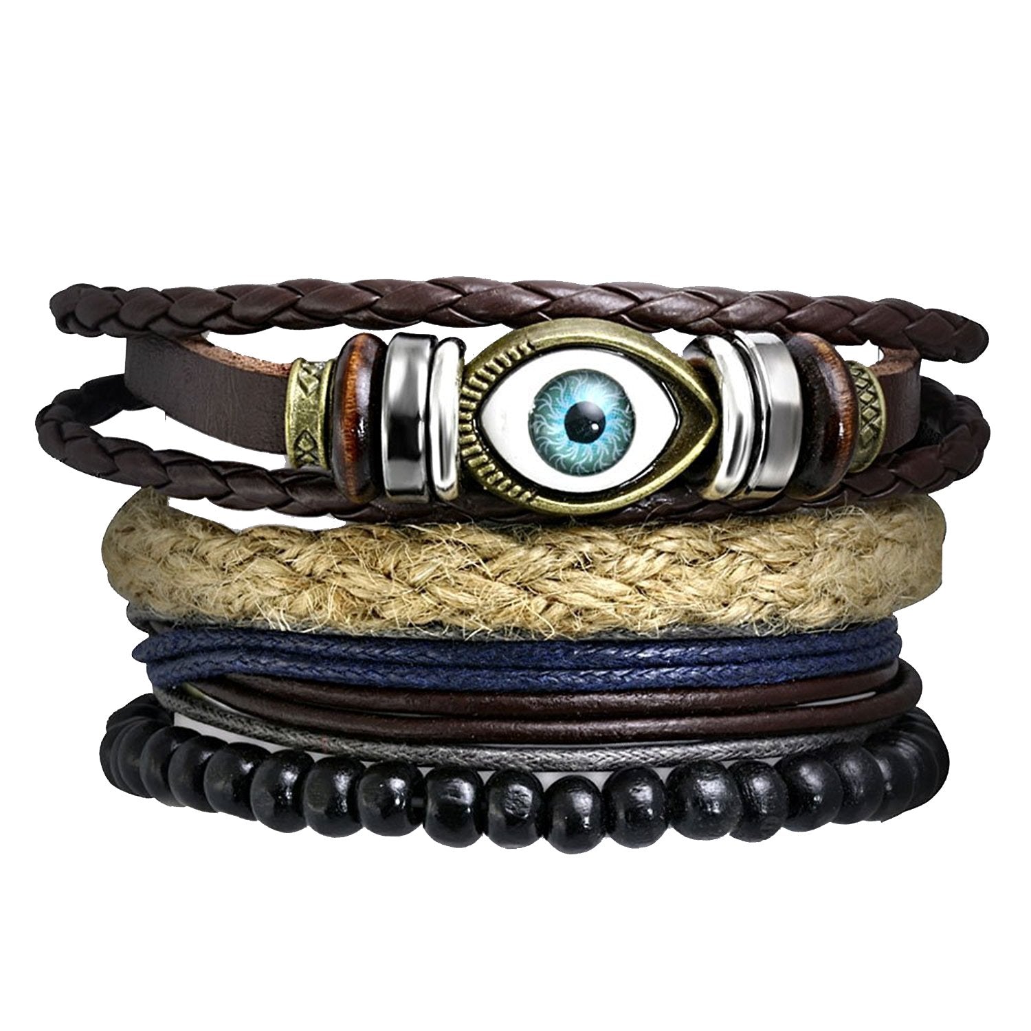 Eyes Layer Black Leather Charm Wrist Band Multi Strand Bracelet Bulk