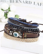 Eyes Layer Black Leather Charm Wrist Band Multi Strand Bracelet Bulk