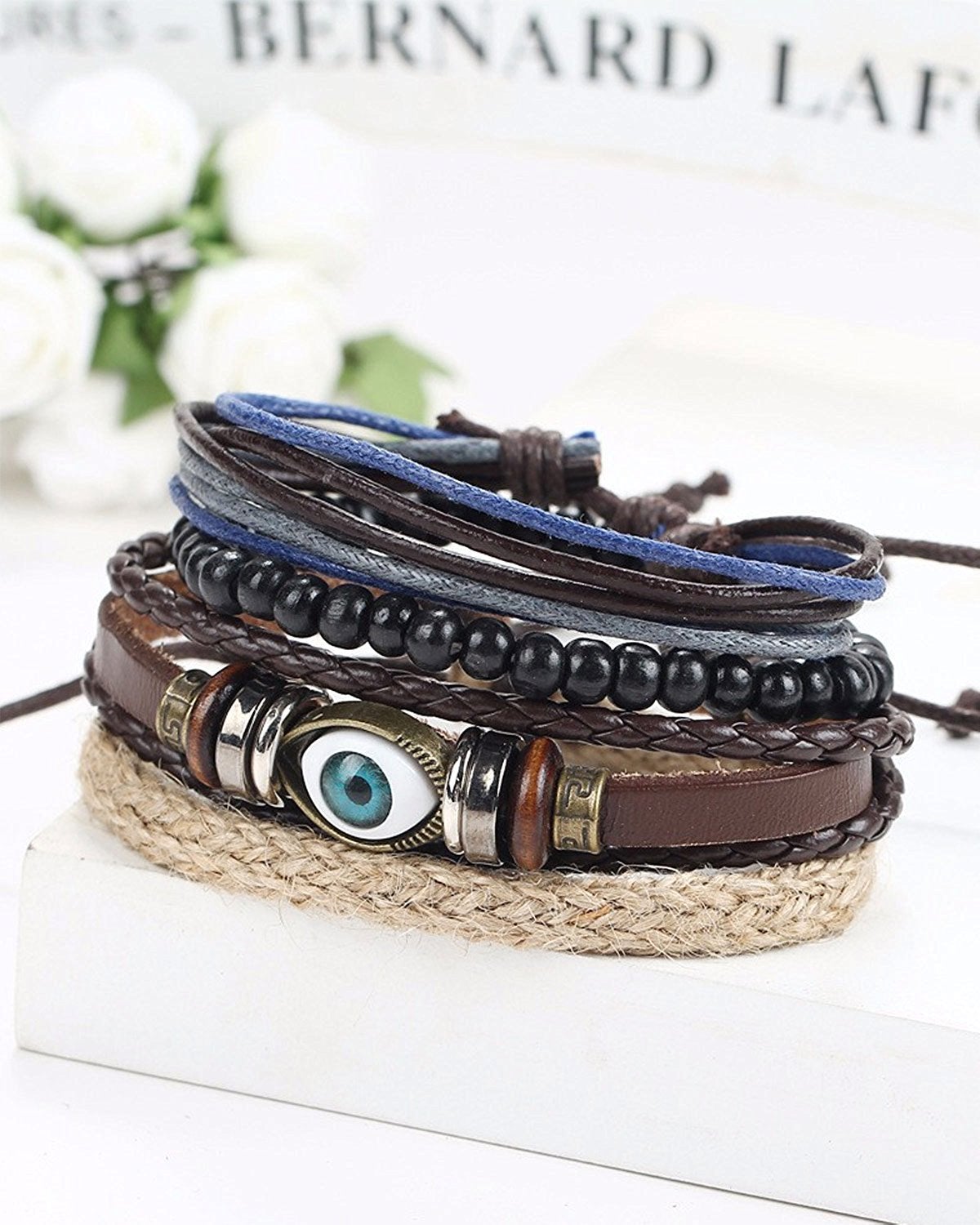 Eyes Layer Black Leather Charm Wrist Band Multi Strand Bracelet Bulk
