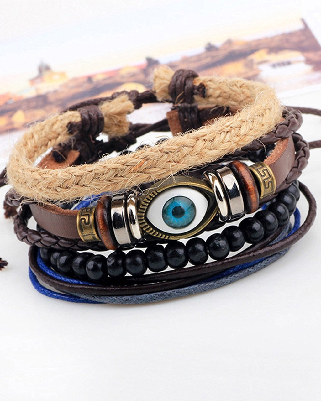 Eyes Layer Black Leather Charm Wrist Band Multi Strand Bracelet Bulk