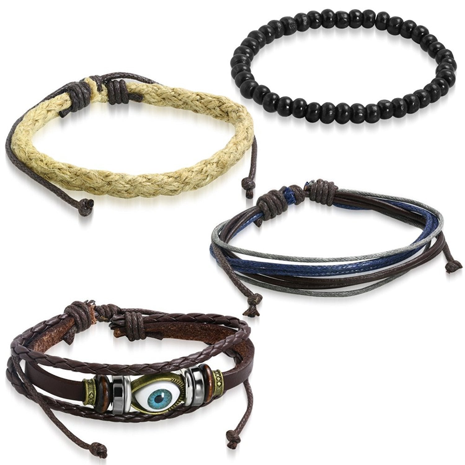 Eyes Layer Black Leather Charm Wrist Band Multi Strand Bracelet Bulk