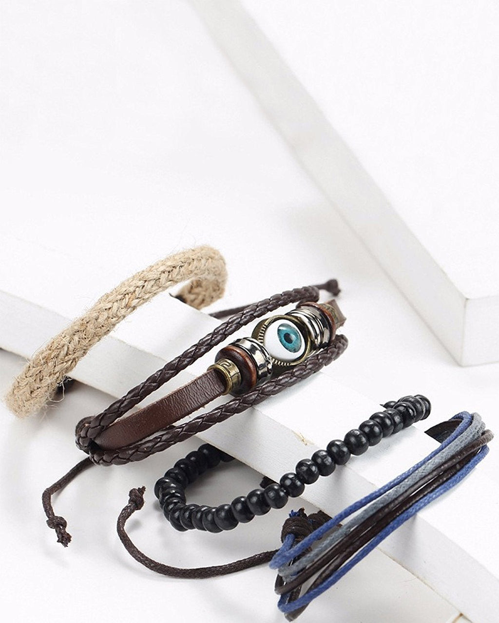 Eyes Layer Black Leather Charm Wrist Band Multi Strand Bracelet Bulk