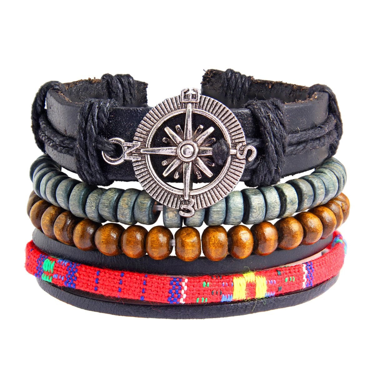 Black Leather Wood Beads Wrist Band Multi Strand Bracelet Men Bulk Secondary image