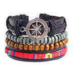 Black Leather Wood Beads Wrist Band Multi Strand Bracelet Men Bulk