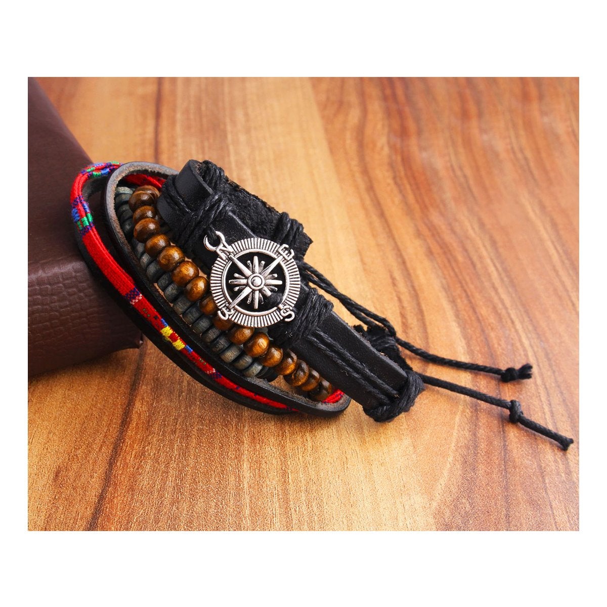 Black Leather Wood Beads Wrist Band Multi Strand Bracelet Men Bulk Main image
