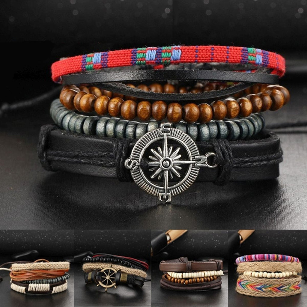 Black Leather Wood Beads Wrist Band Multi Strand Bracelet Men Bulk