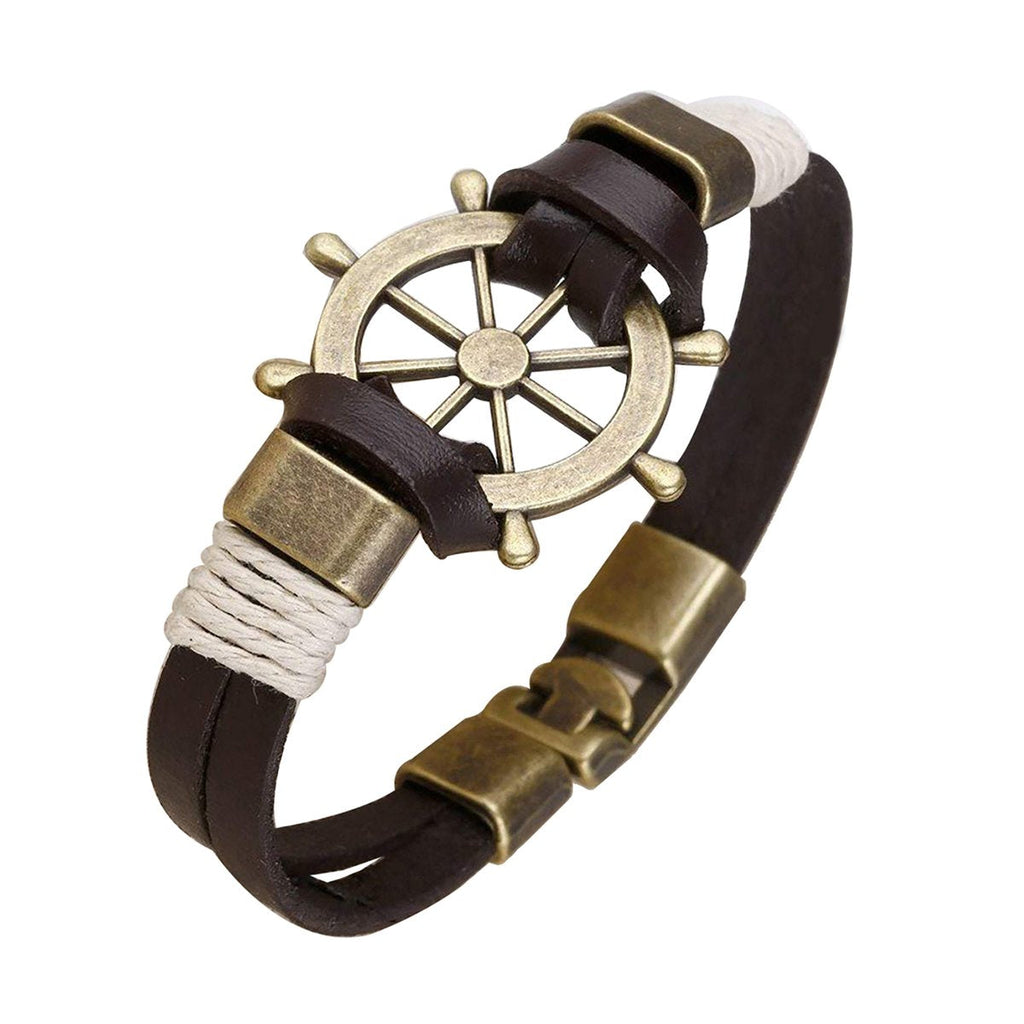 Rudder Anchor Brass Black Leather Wrist Band Strand Bracelet Men Bulk