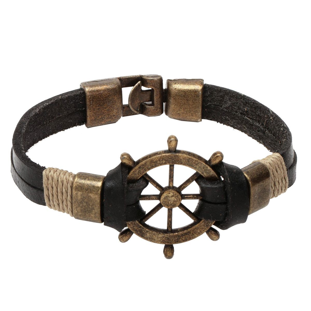 Rudder Anchor Brass Black Leather Wrist Band Strand Bracelet Men Bulk