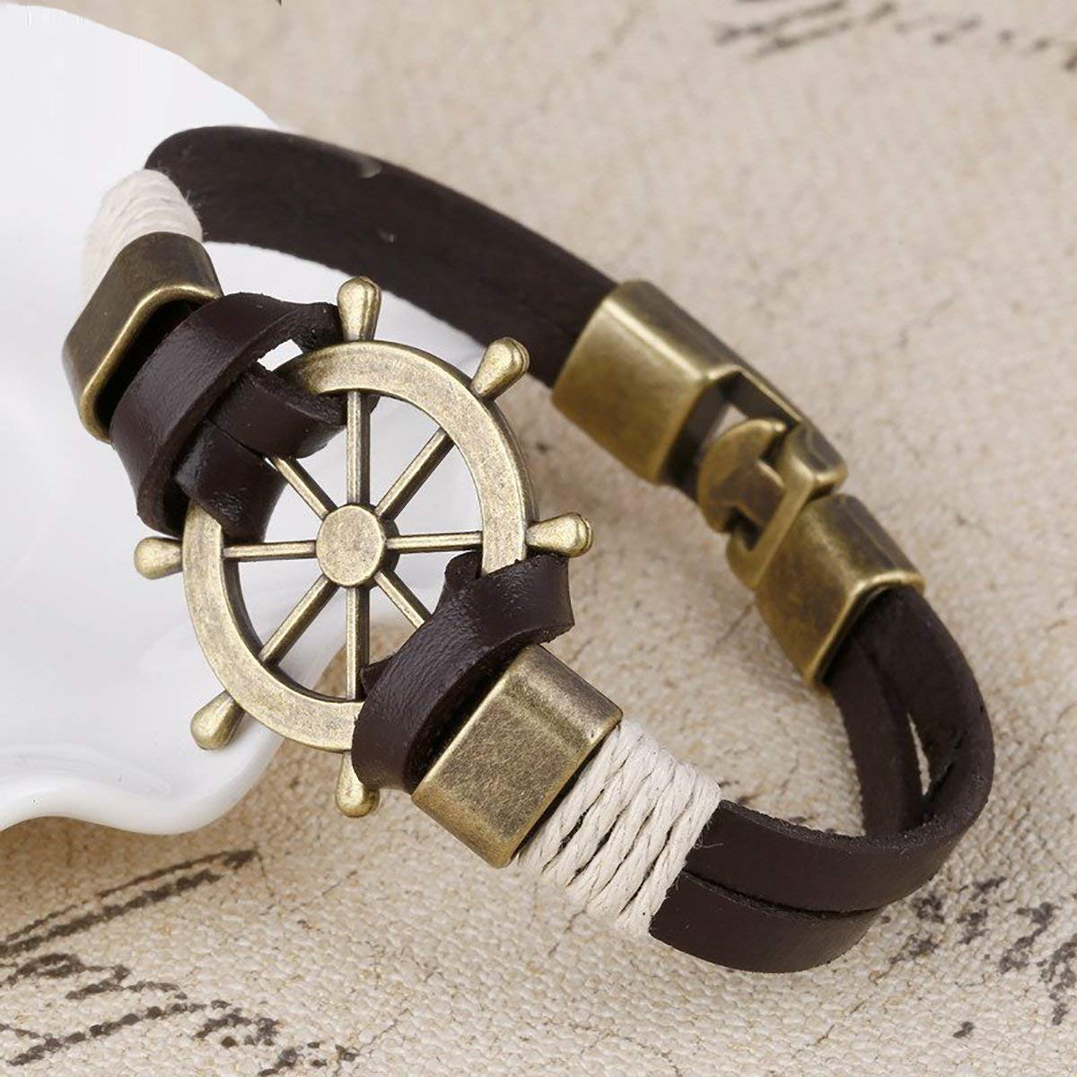 Rudder Anchor Brass Black Leather Wrist Band Strand Bracelet Men Bulk Main image