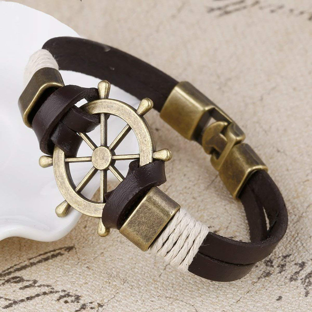 Rudder Anchor Brass Black Leather Wrist Band Strand Bracelet Men Bulk