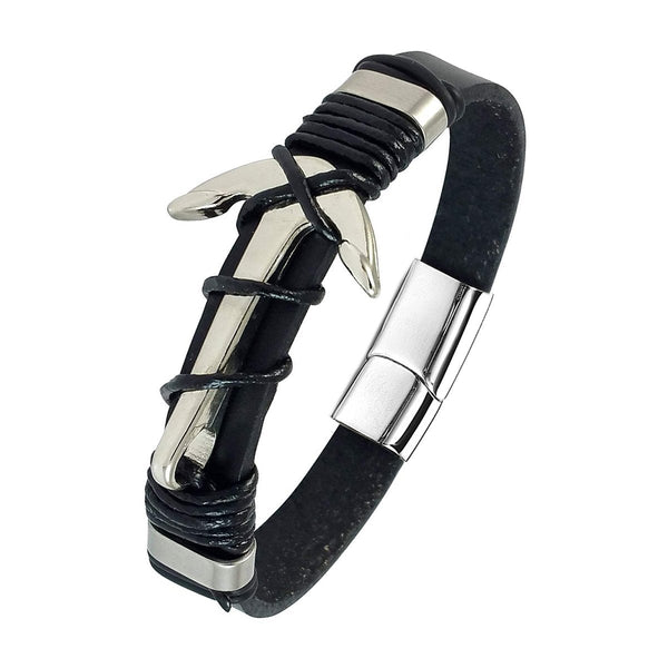 Silver Anchor Arrow Black Leather Stainless Steel Wrist Band Bracelet Secondary image