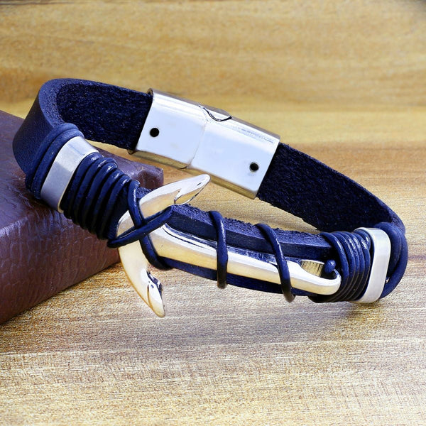 Silver Anchor Arrow Black Leather Stainless Steel Wrist Band Bracelet Main image