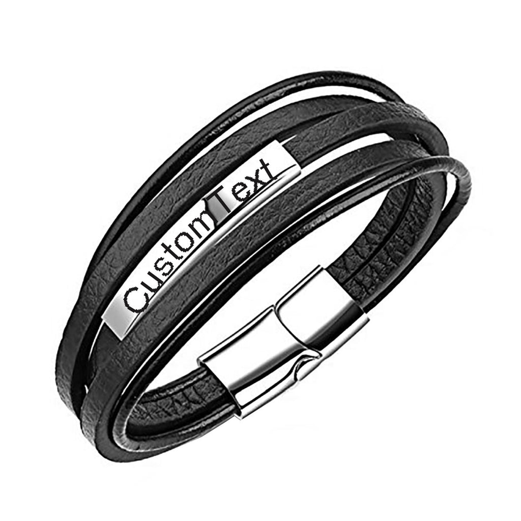 Multi-Layer Black Leather Wrist Wrap Band Strand Personalized Engraved Bracelet Men