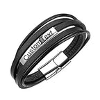 Multi-Layer Black Leather Wrist Wrap Band Strand Personalized Engraved Bracelet Men