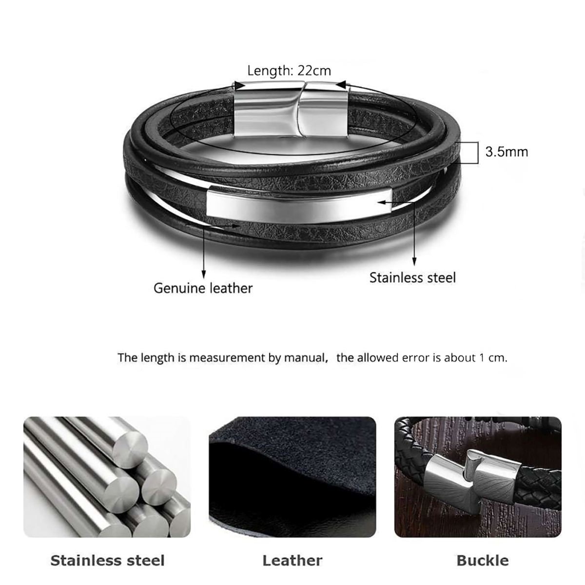 Multi-Layer Black Leather Wrist Wrap Band Strand Personalized Engraved Bracelet Men