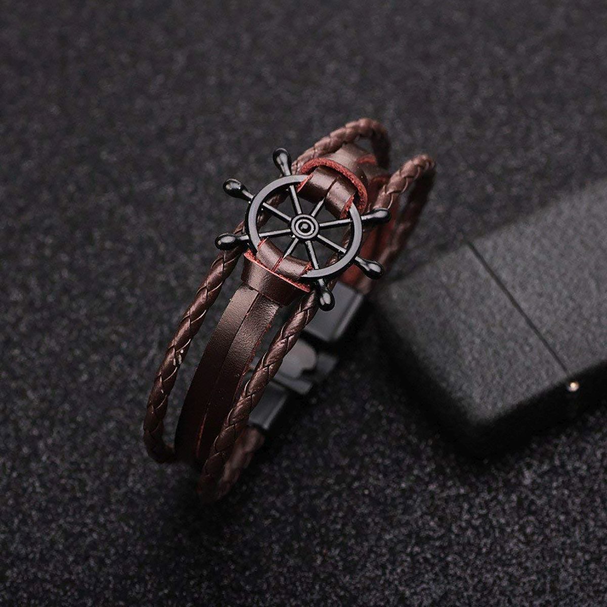 Black Rudder Anchor Braided Leather Multi-Layer Wrist Wrap Bracelet Main image