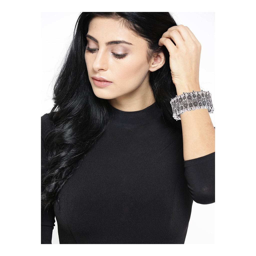 Leaf Tribal Afghani Oxidised German Silver Stretch Bracelet Women
