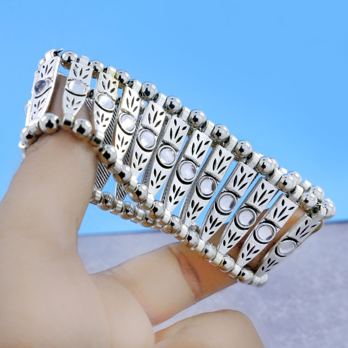 Tibetan Tribal Afghani Oxidised German Silver Stretch Bracelet Bulk