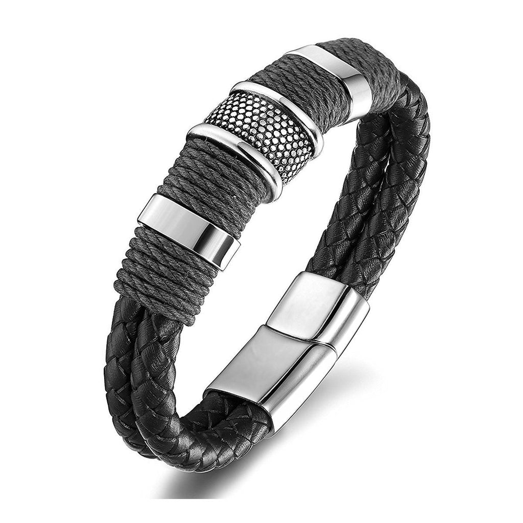 Rope Black Leather 316L Stainless Steel Wrist Band Strap Bracelet Bulk