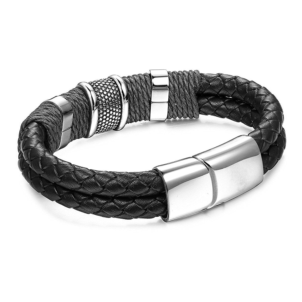 Rope Black Leather 316L Stainless Steel Wrist Band Strap Bracelet Bulk
