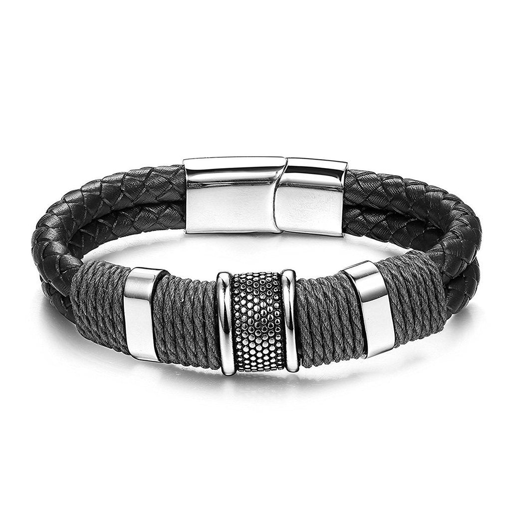 Rope Black Leather 316L Stainless Steel Wrist Band Strap Bracelet Bulk