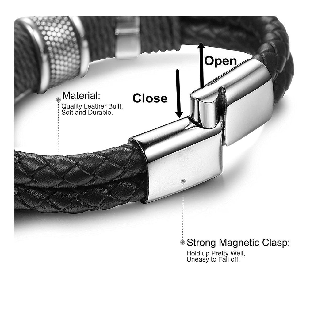Rope Black Leather 316L Stainless Steel Wrist Band Strap Bracelet Bulk
