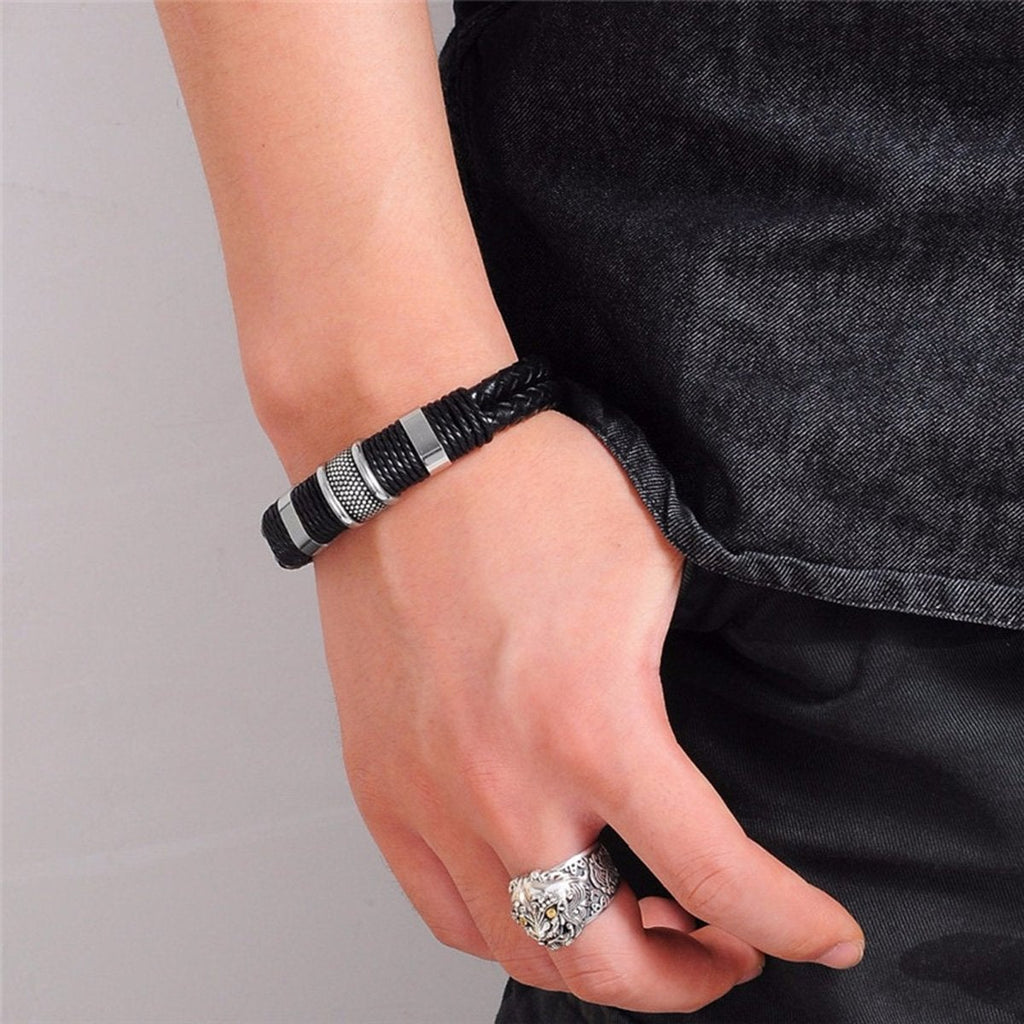 Rope Black Leather 316L Stainless Steel Wrist Band Strap Bracelet Bulk