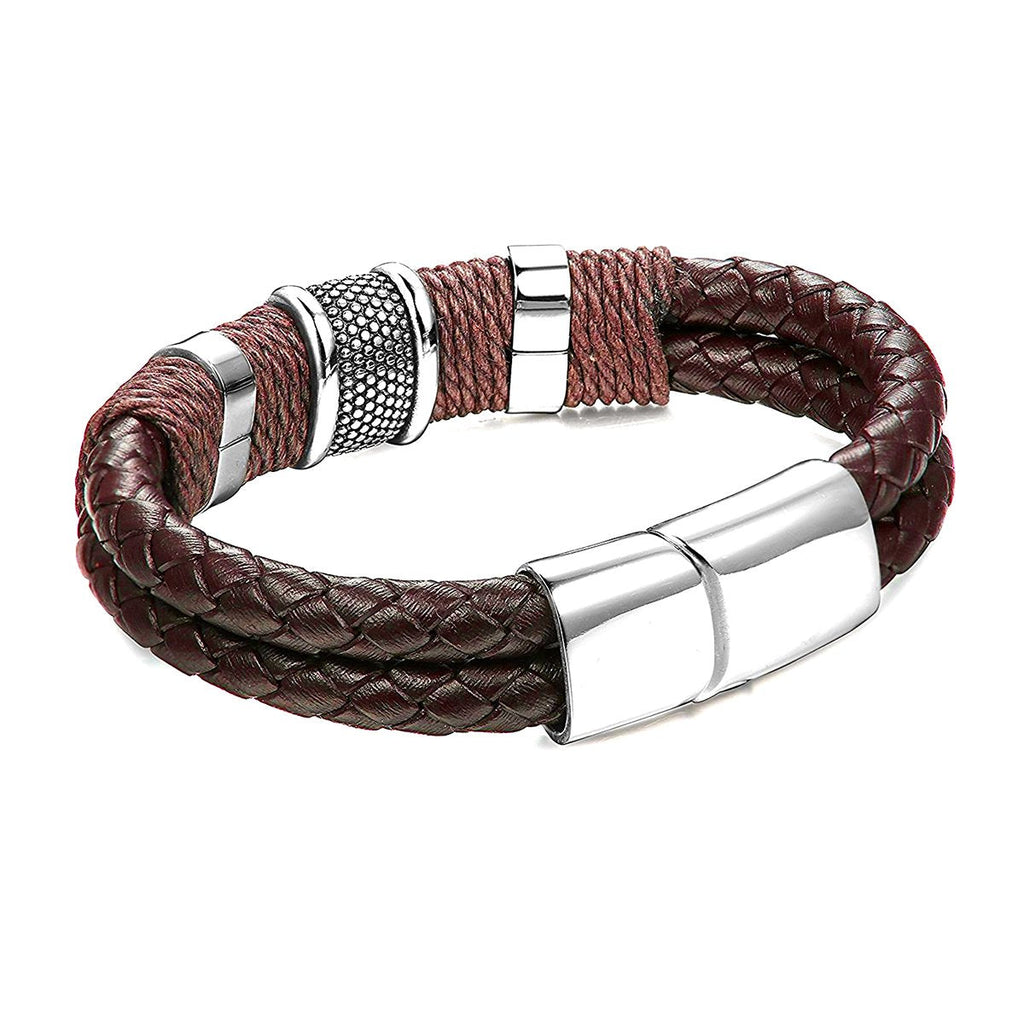 Rope Braided Brown Leather Stainless Steel Wrist Band Bracelet Bulk