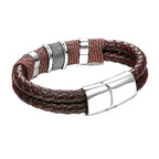 Rope Braided Brown Leather Stainless Steel Wrist Band Bracelet Bulk
