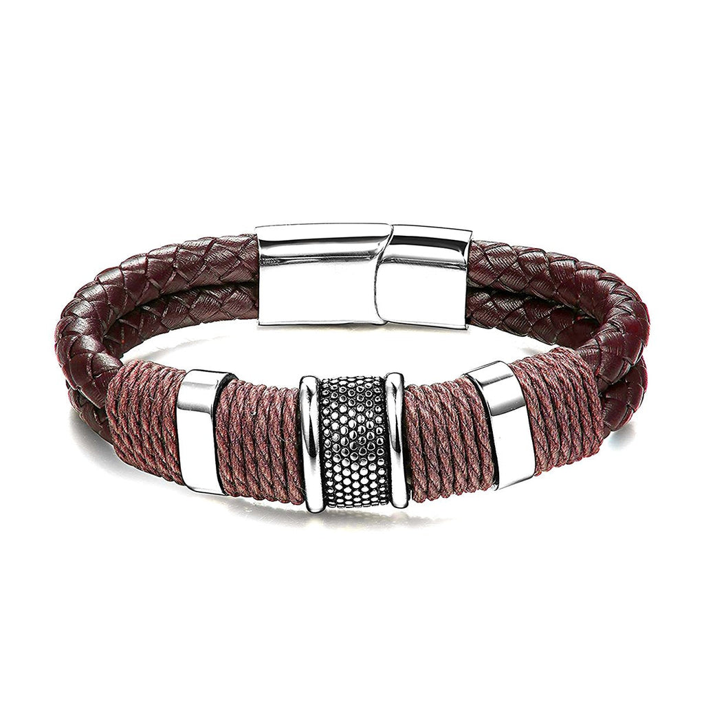 Rope Braided Brown Leather Stainless Steel Wrist Band Bracelet Bulk