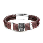 Rope Braided Brown Leather Stainless Steel Wrist Band Bracelet Bulk