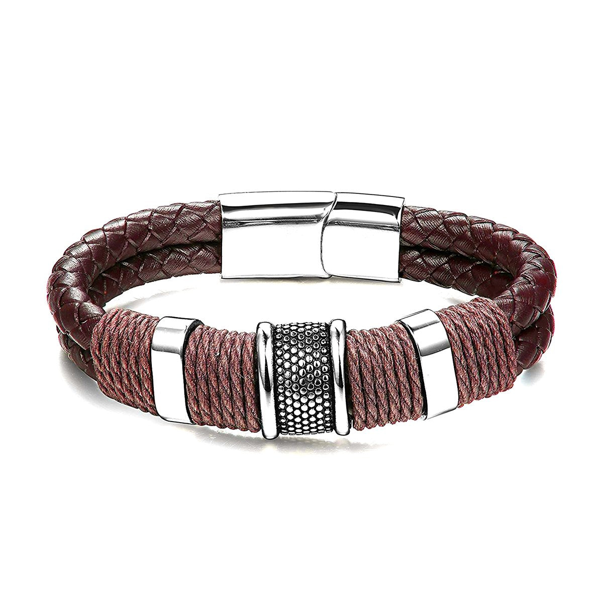 Rope Braided Brown Leather Stainless Steel Wrist Band Bracelet Bulk
