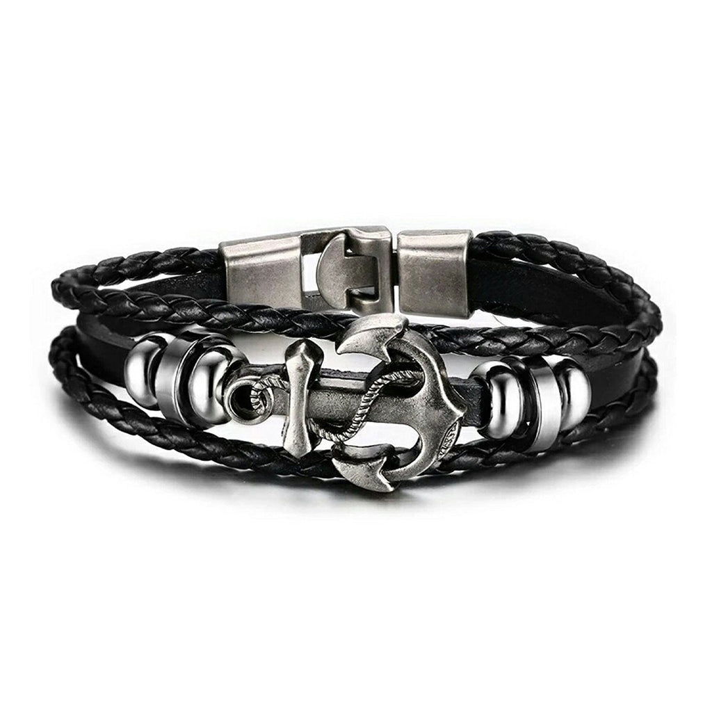 Anchor Braided Genuine Black Leather Wrist Band Strand Bracelet Bulk
