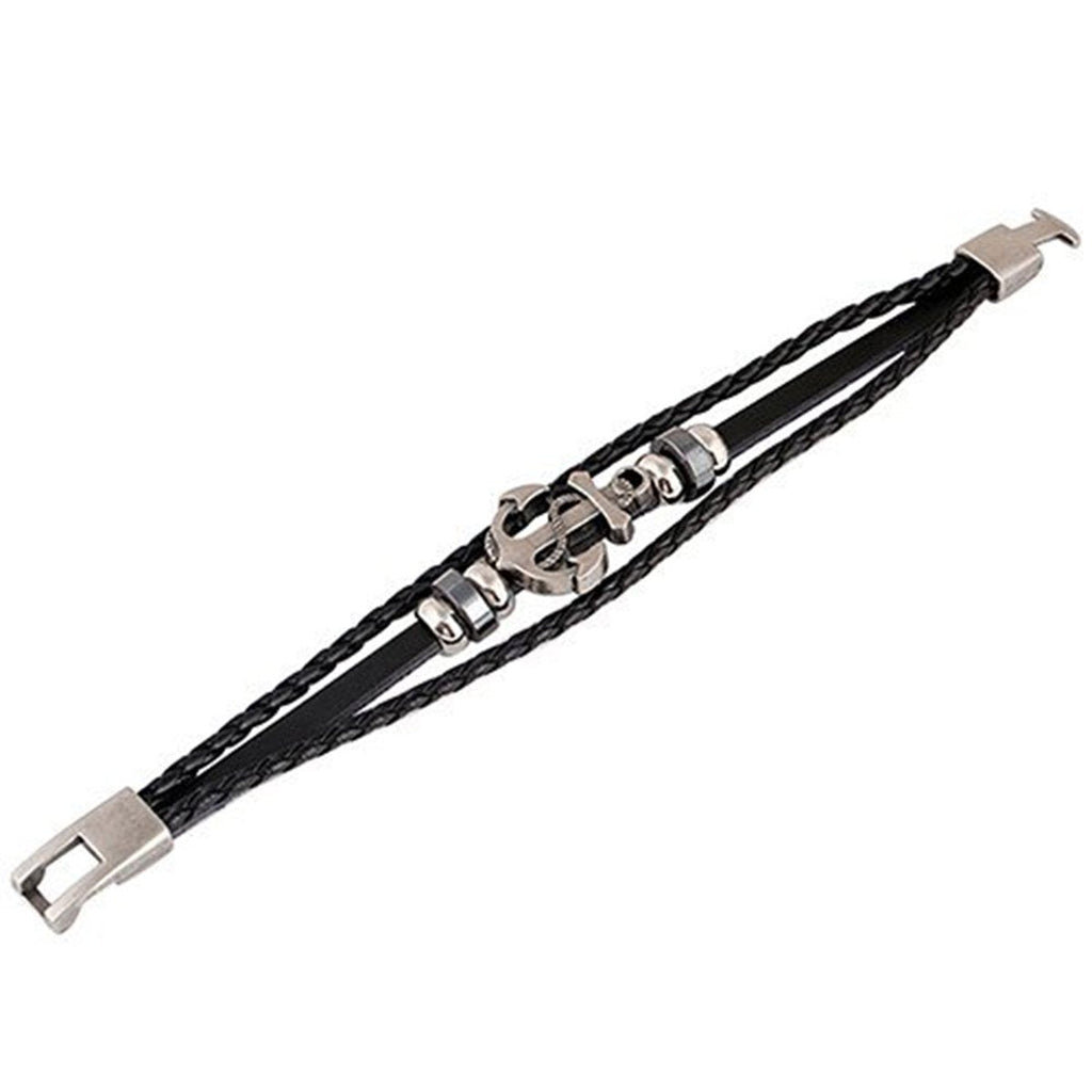 Anchor Braided Genuine Black Leather Wrist Band Strand Bracelet Bulk