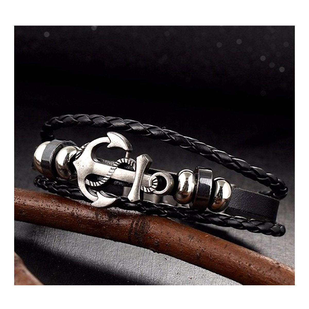 Anchor Braided Genuine Black Leather Wrist Band Strand Bracelet Bulk Main image
