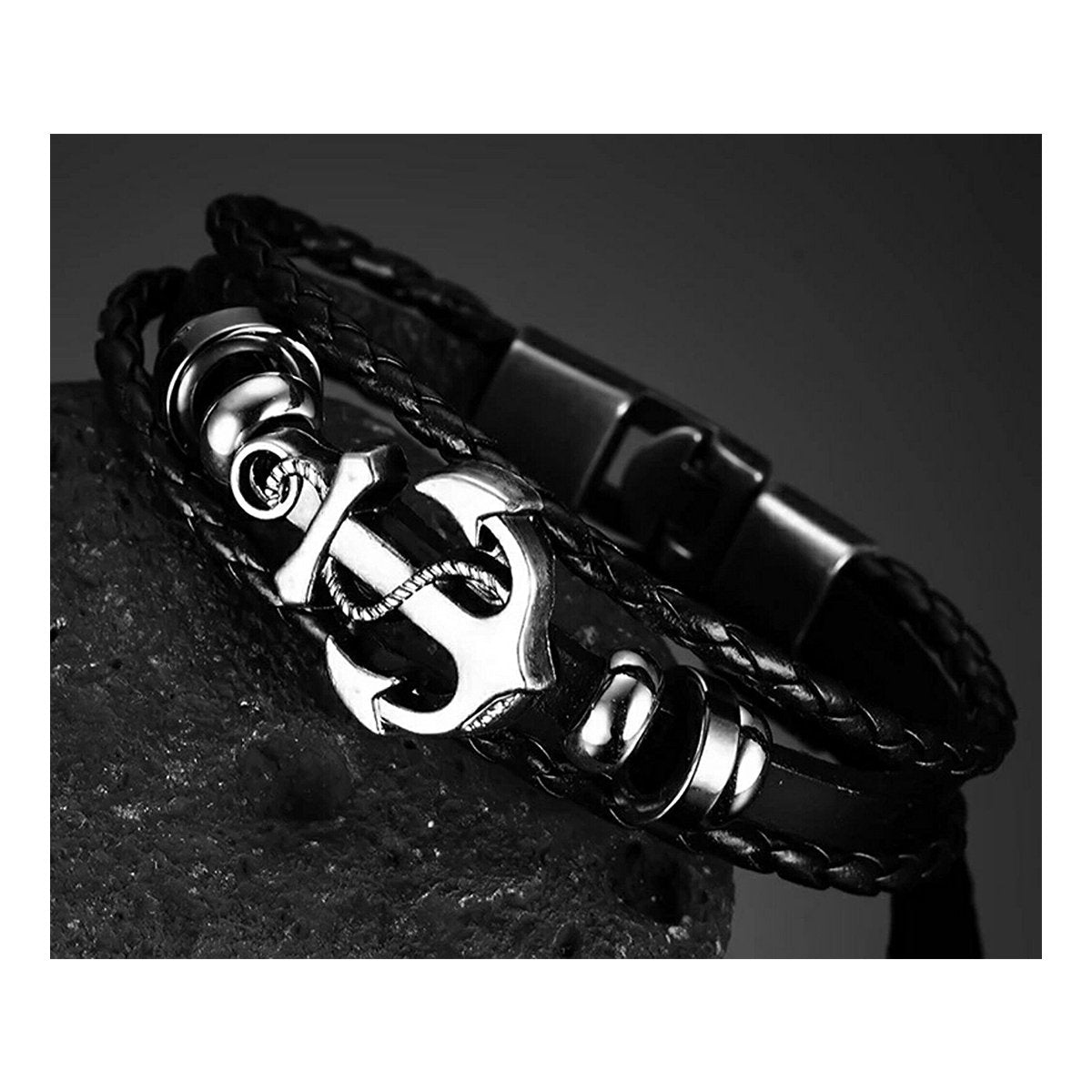 Anchor Braided Genuine Black Leather Wrist Band Strand Bracelet Bulk