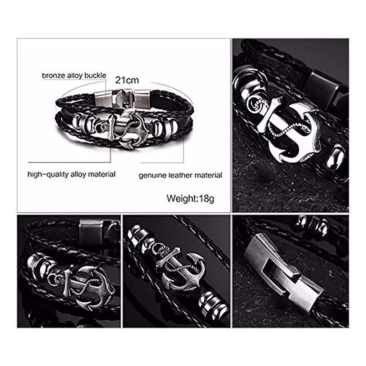 Anchor Braided Genuine Black Leather Wrist Band Strand Bracelet Bulk