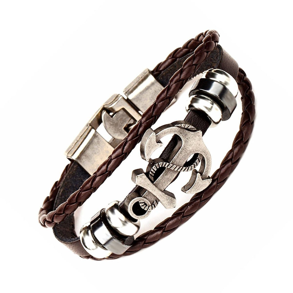 Anchor Braided Brown Leather Ring Wrist Band Strand Bracelet Men Bulk