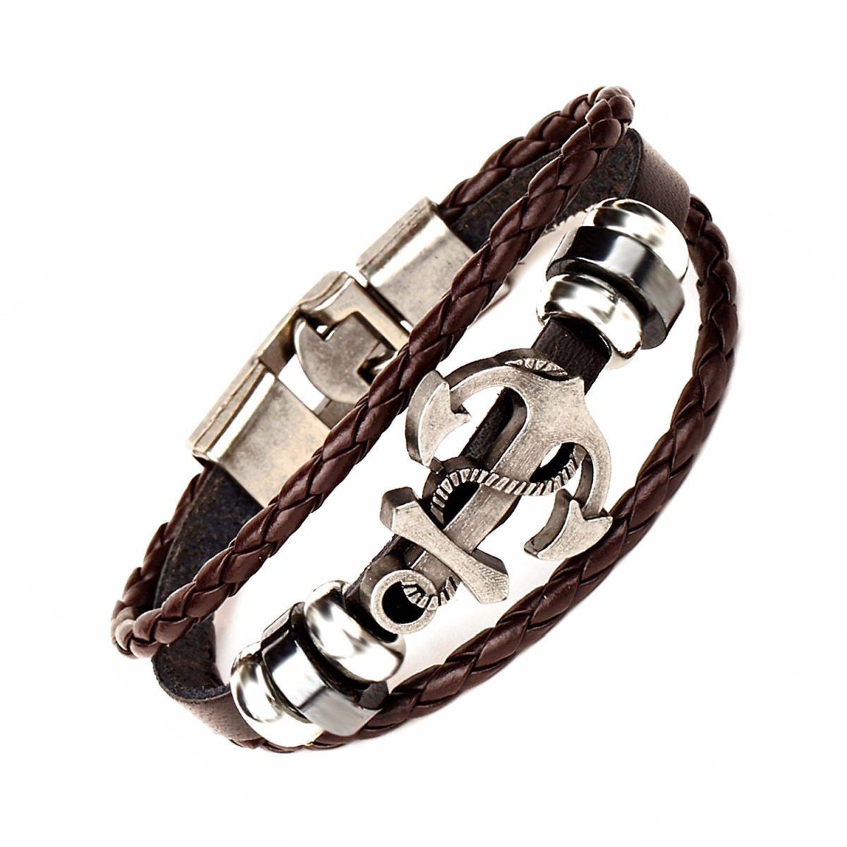 Anchor Braided Brown Leather Ring Wrist Band Strand Bracelet Men Bulk