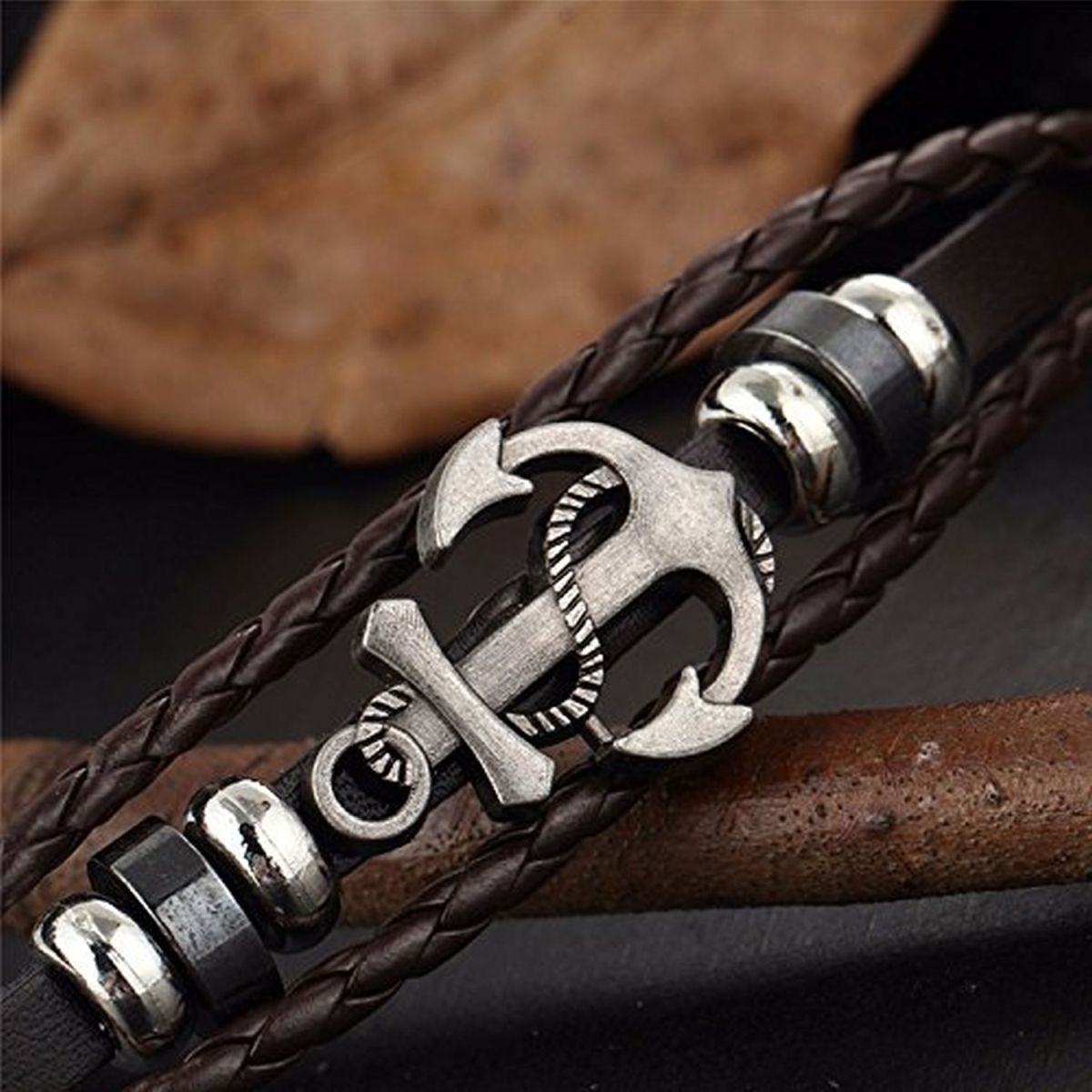 Anchor Braided Brown Leather Ring Wrist Band Strand Bracelet Men Bulk