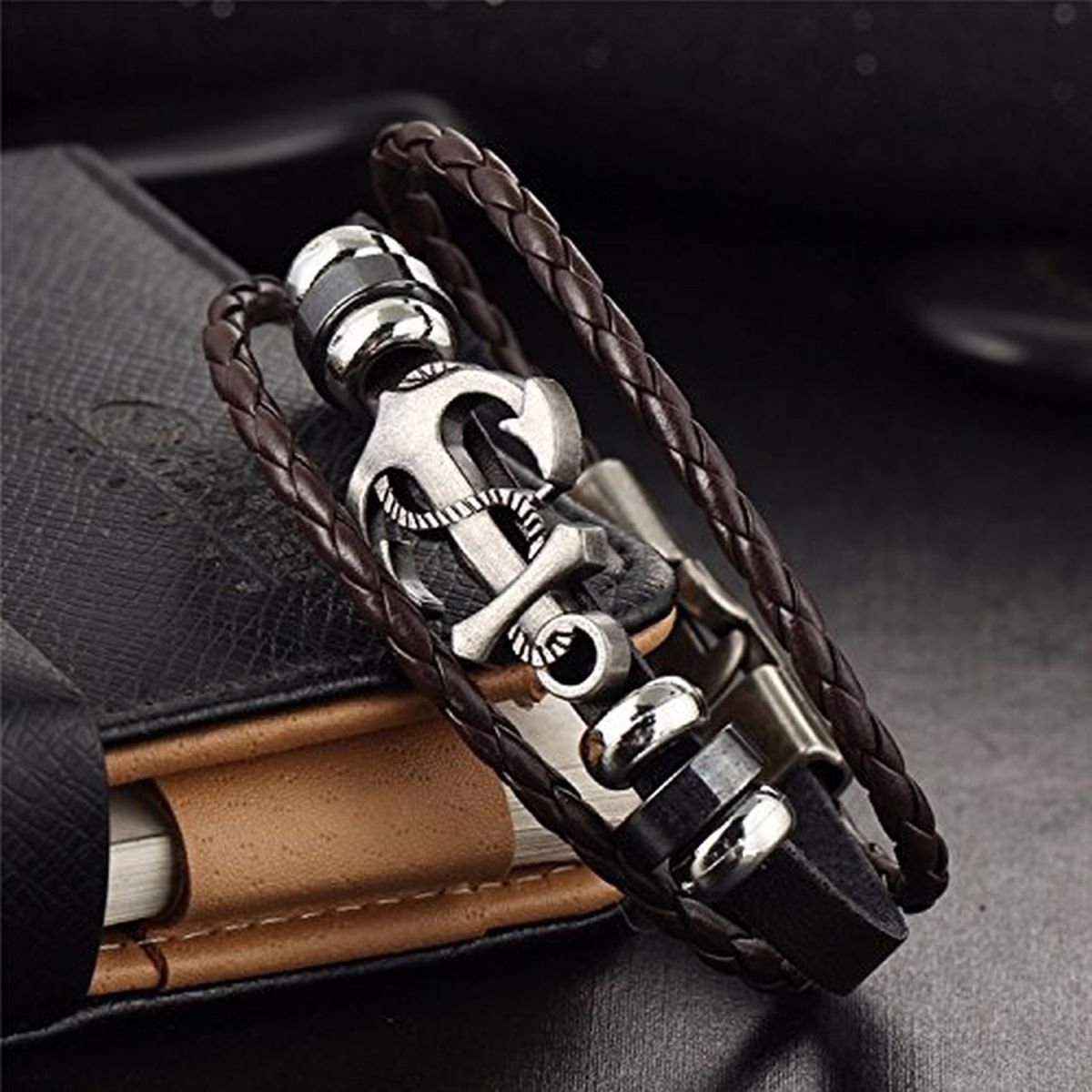 Anchor Braided Brown Leather Ring Wrist Band Strand Bracelet Men Bulk