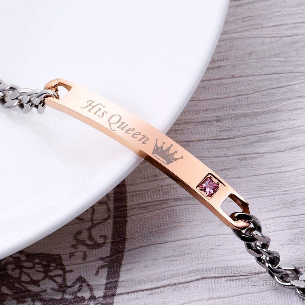 His Queen Glossy Rose Gold Stainless Steel Id Bracelet Girls Bulk
