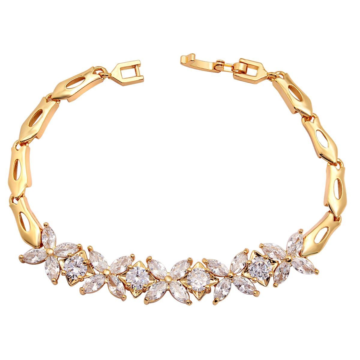 Floral Glossy 18K Gold Crystal American Diamond Bracelet Women Bulk