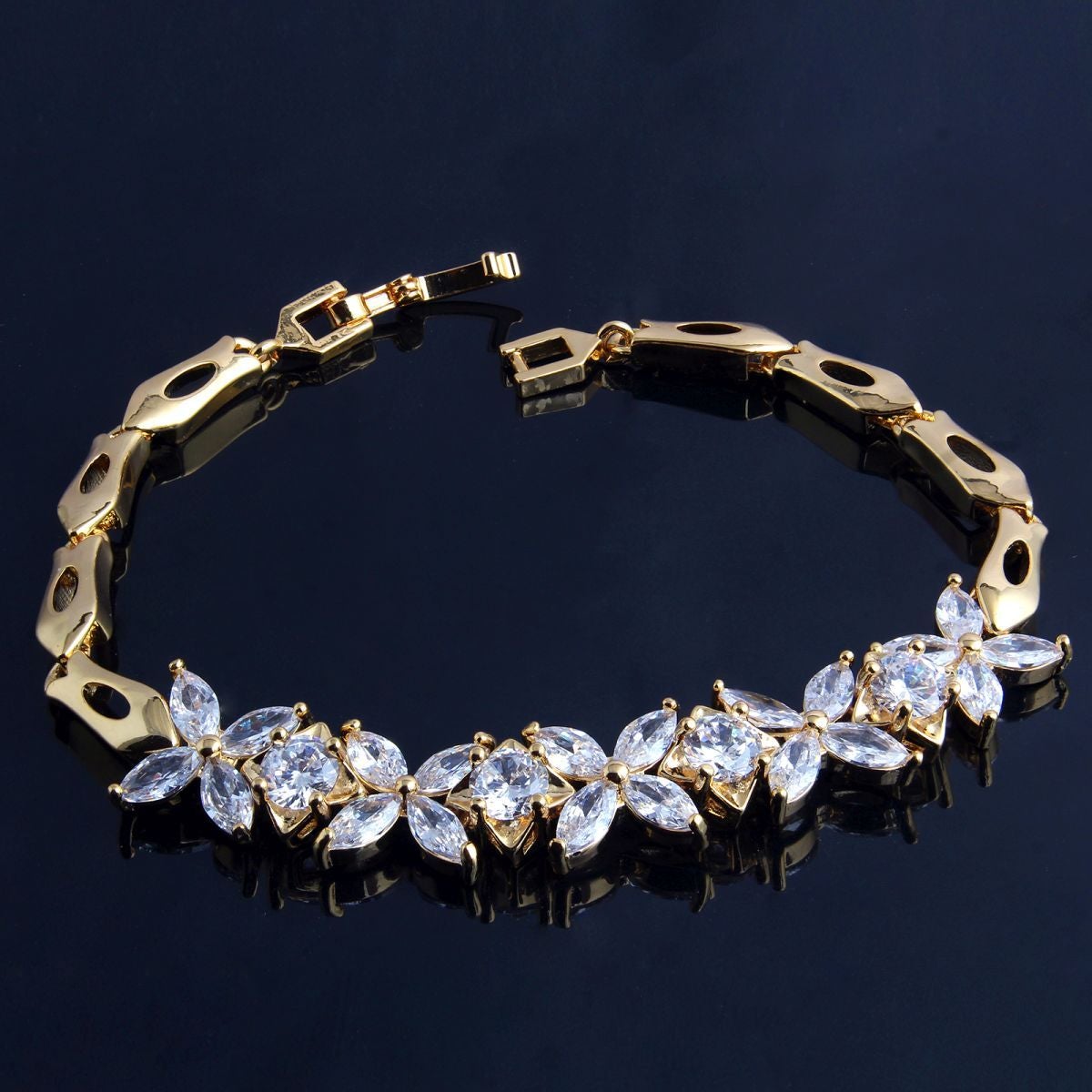 Floral Glossy 18K Gold Crystal American Diamond Bracelet Women Bulk